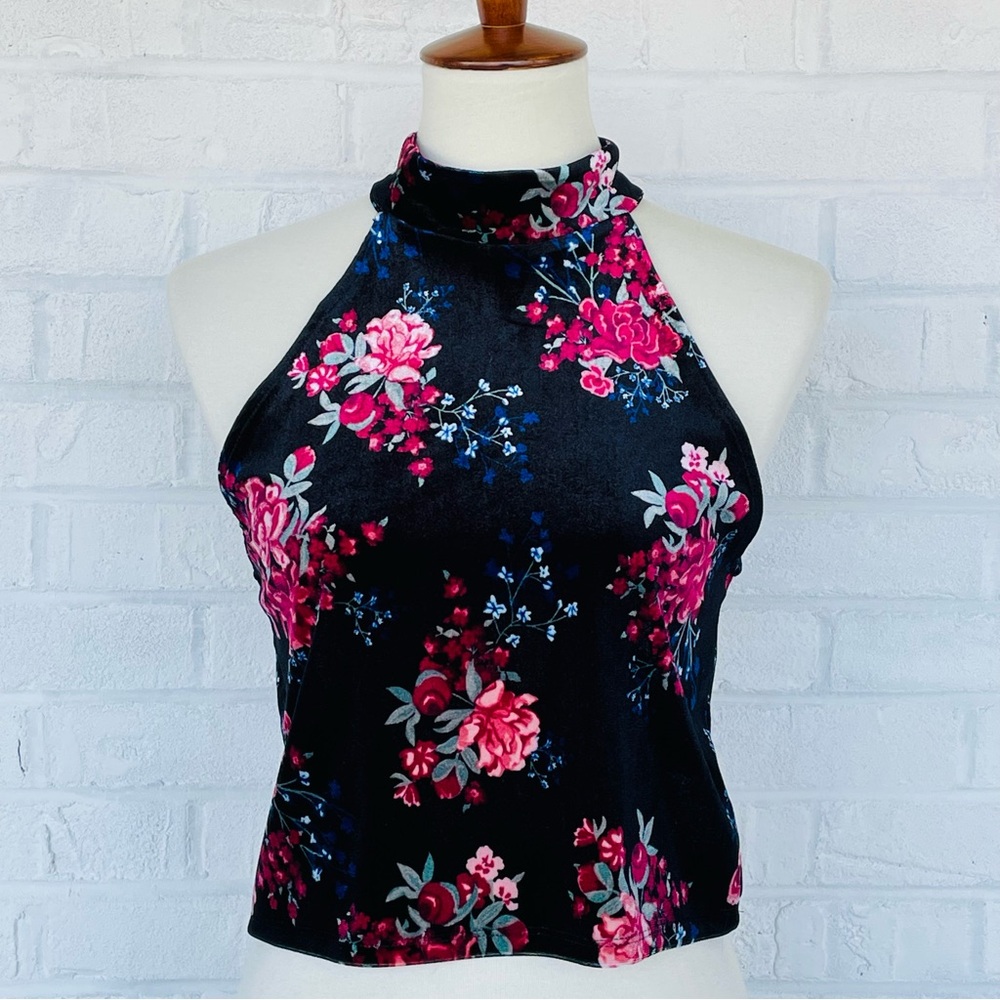 NWT Divided Black Velvet Floral High Neck Cropped Halter Top Sz M Whimsigoth